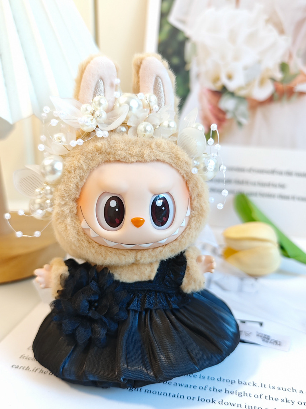 LABUBU Clothes Wedding Black Dress Pearls Outfit